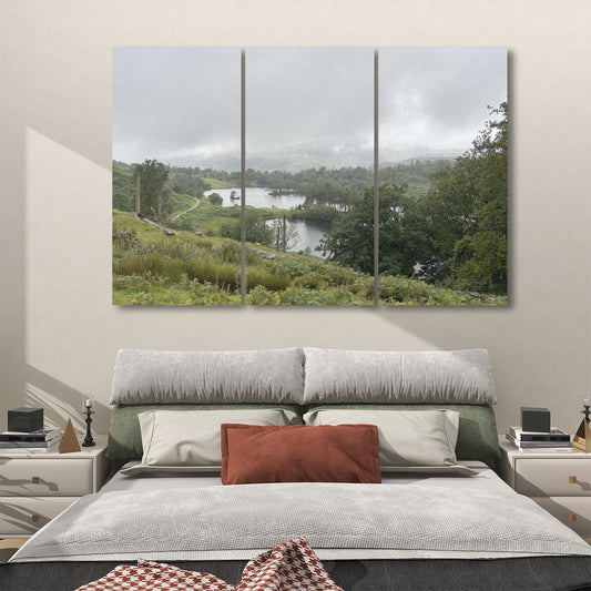 Papis Canvas Lake District Landscape 3 Decorative Sound Absorbing Wall Panels triptych above bed showing misty lake and hills