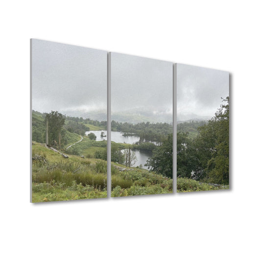 Papis Canvas Lake District Landscape 3 Decorative Sound Absorbing Wall Panels triptych with misty hill and lake scene