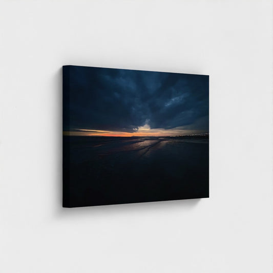 Eco Canvas Print Blackpool Beach Sunset, evening beach vista where sun rays fade over calm waters