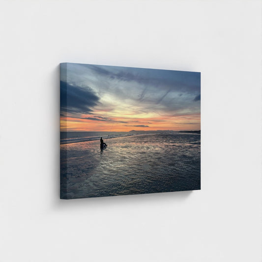Green Wall Art Blackpool Beach Red Sunset: large print capturing red sunset over sea and distant hills side view