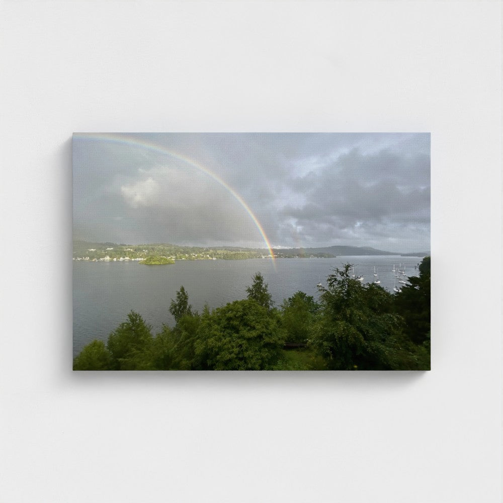Windermere Rainbow Recycled Wall Art Lake District Landscape , layered distant hills, and reflective sheen across broad water