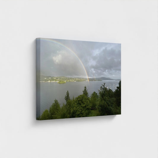 Windermere Rainbow Recycled Wall Art Lake District Landscape oblique view, deeper tonal gradation in clouds
