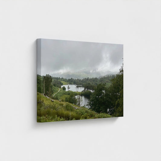 Recycled Canvas Wall Art Tarn Hows Lake District Landscape angled side view displaying image wrap continuity around the depth of the canvas