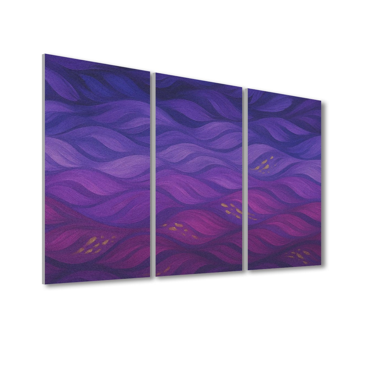 Three-panel acoustic wall art viewed from the left side, showing deep purple and magenta wave textures with golden accents across the panels—full color variant of Gilded Amethyst Currents.
