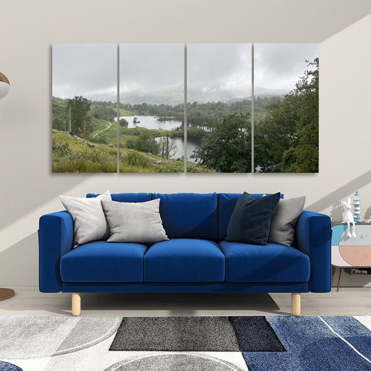 Papis Canvas 4 Decorative Sound Absorbing Panels Featuring Lake District Landscape. Mounted above blue sofa in modern living room