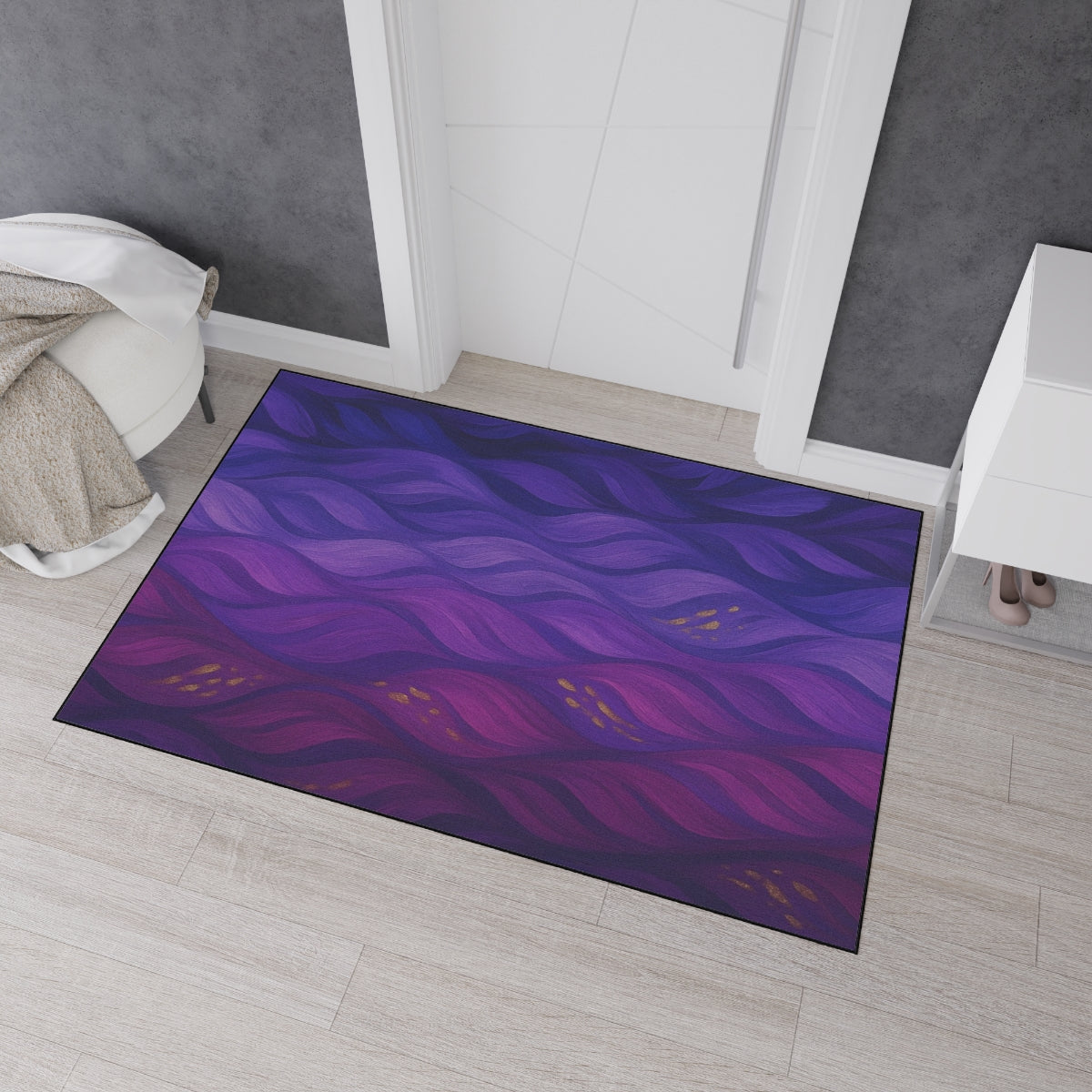 Oversized 48x72 inch mat featuring an immersive stream of purple tones and curved shapes, seen in a modern hallway with soft lighting and cool tones.