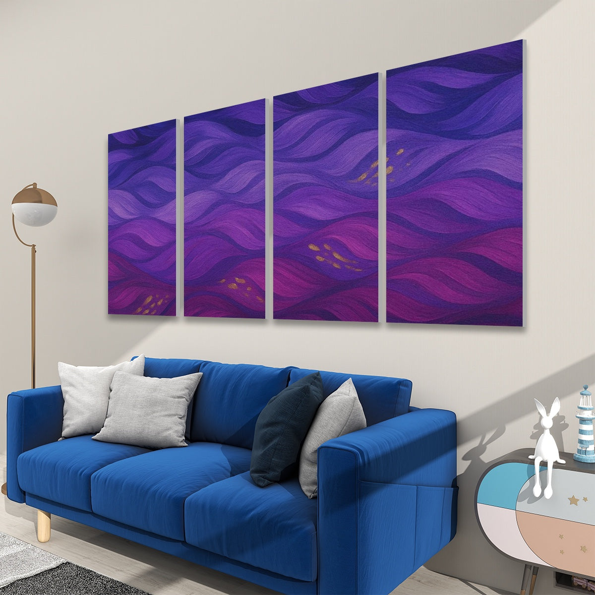 Right view of 4 decorative sound absorbing panels featuring the Gilded Amethyst Currents design in full color with violet and indigo waves.