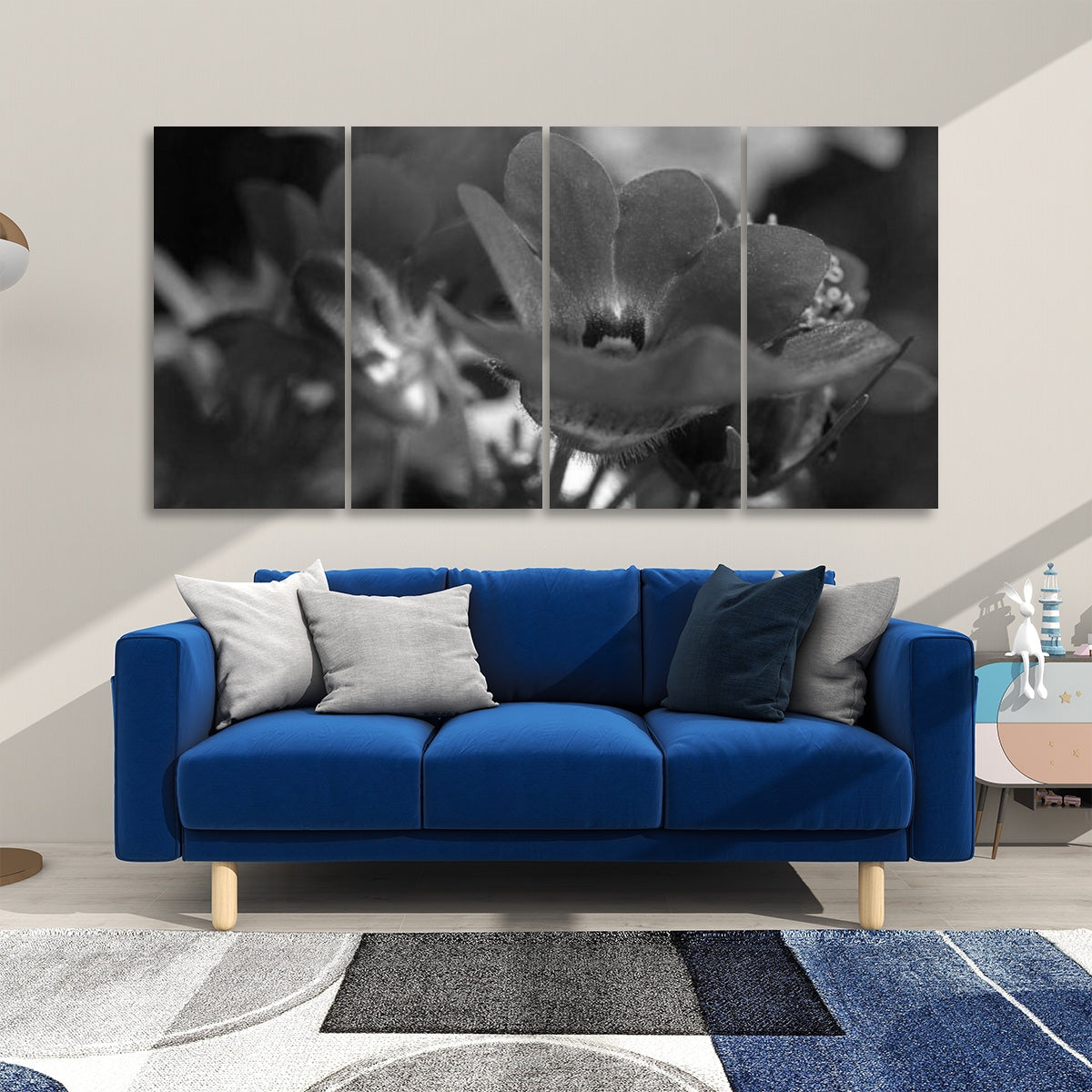 4 floral decorative sound absorbing wall panels featuring close up image of red flower, color: greyscale