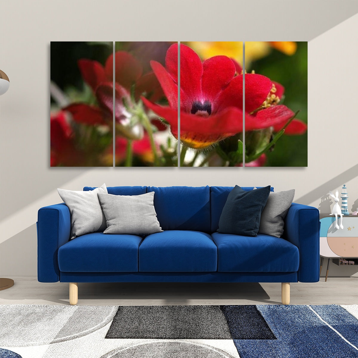 4 floral decorative sound absorbing wall panels featuring close up image of red flower