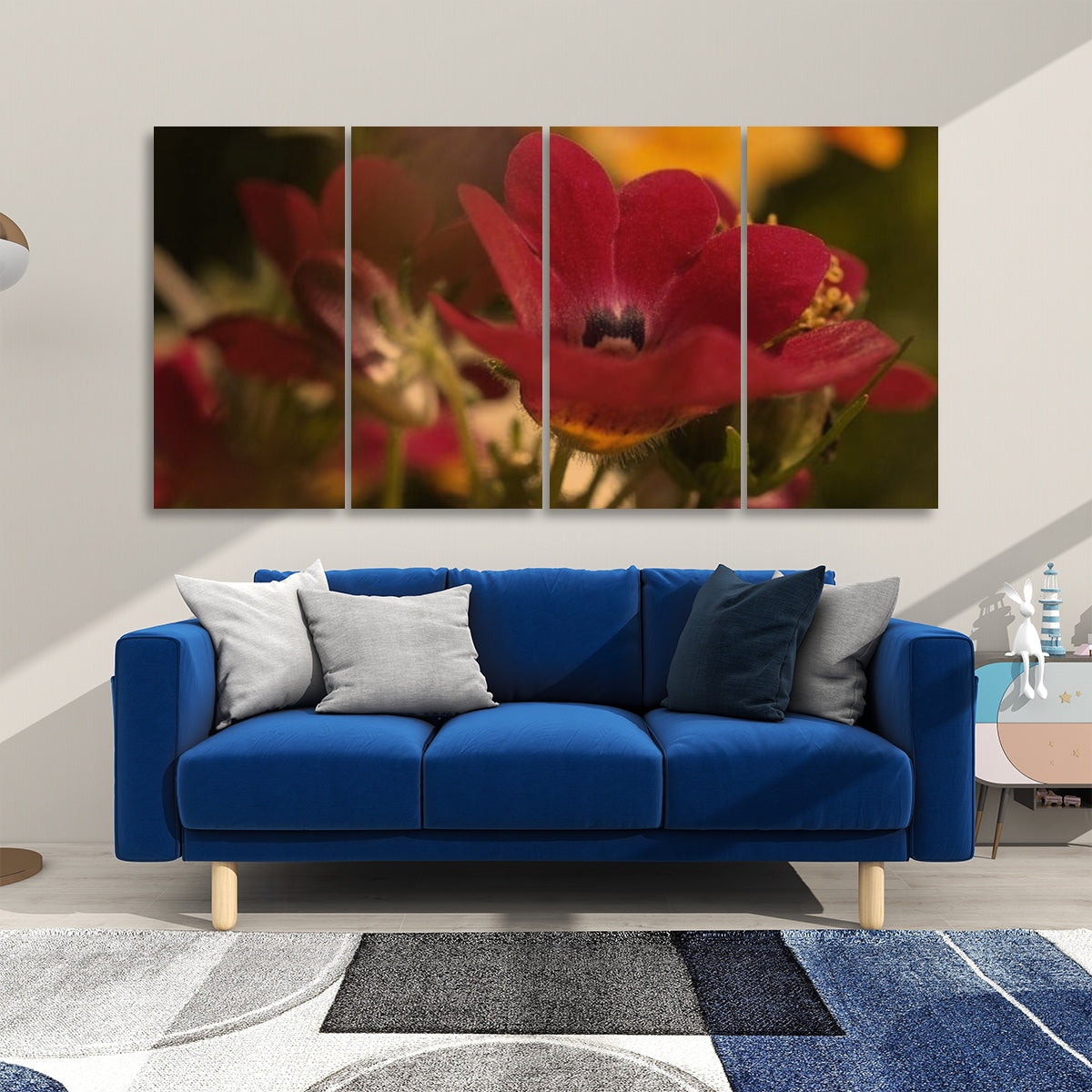 4 floral decorative sound absorbing wall panels featuring close up image of red flower, color: vintage