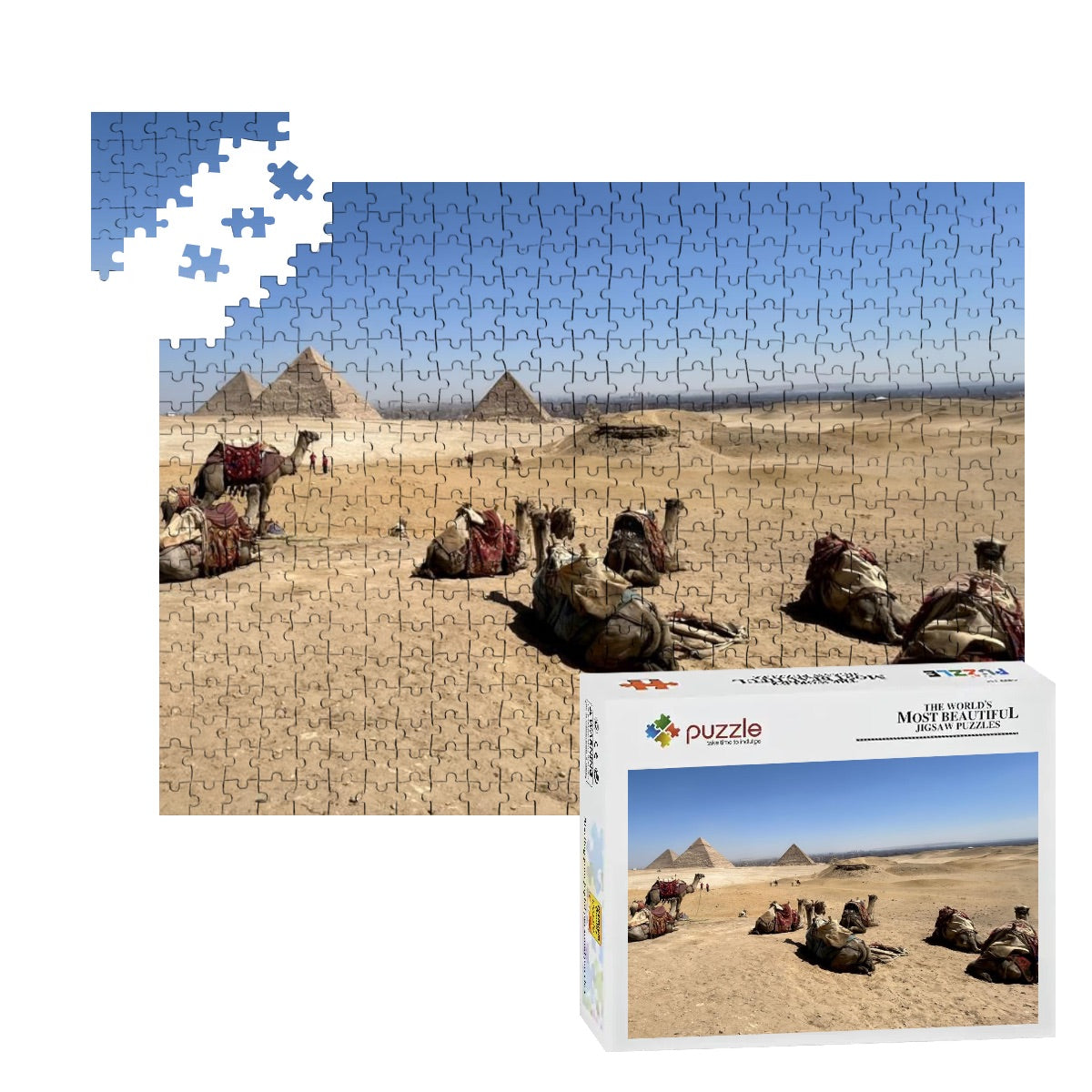 500-piece basswood puzzle of camels resting in the desert on Giza Plateau with pyramids and city in full color