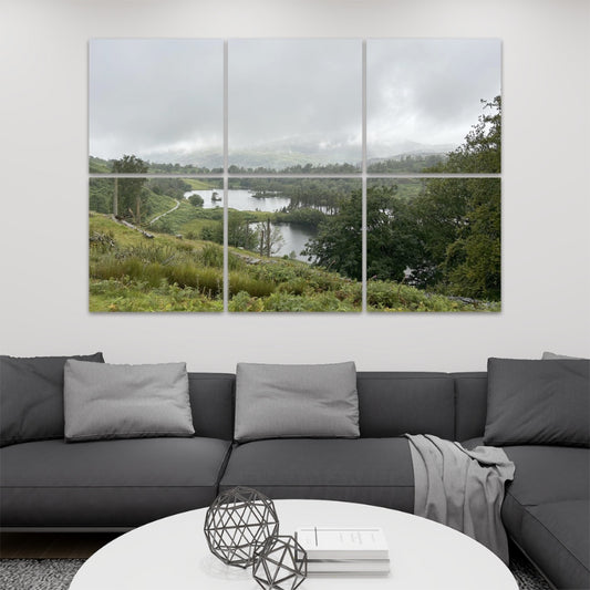 6 Decorative Sound Absorbing Wall Panels featuring Tarn Hows Lake District Landscape. Six panel wall art above gray sofa