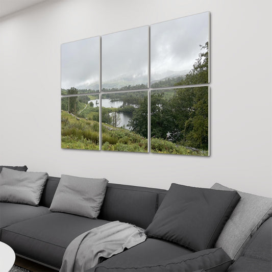 6 Decorative Sound Absorbing Wall Panels featuring Tarn Hows Lake District Landscape. Mounted above gray sofa