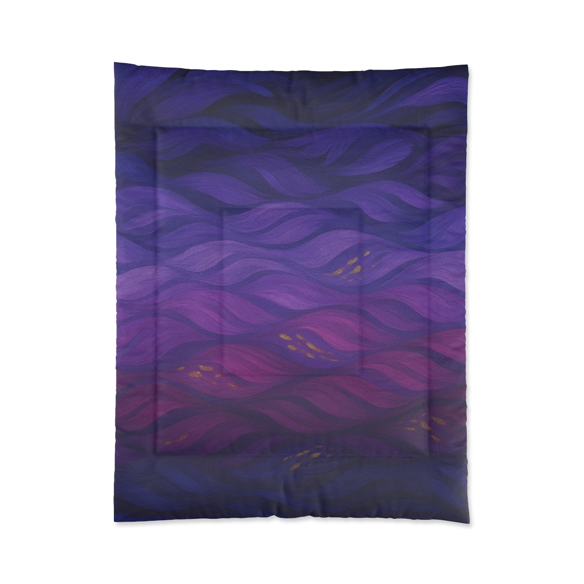 Full color comforter with layered wave pattern in deep violet and magenta, accented with golden flecks. Size: 68" × 88"