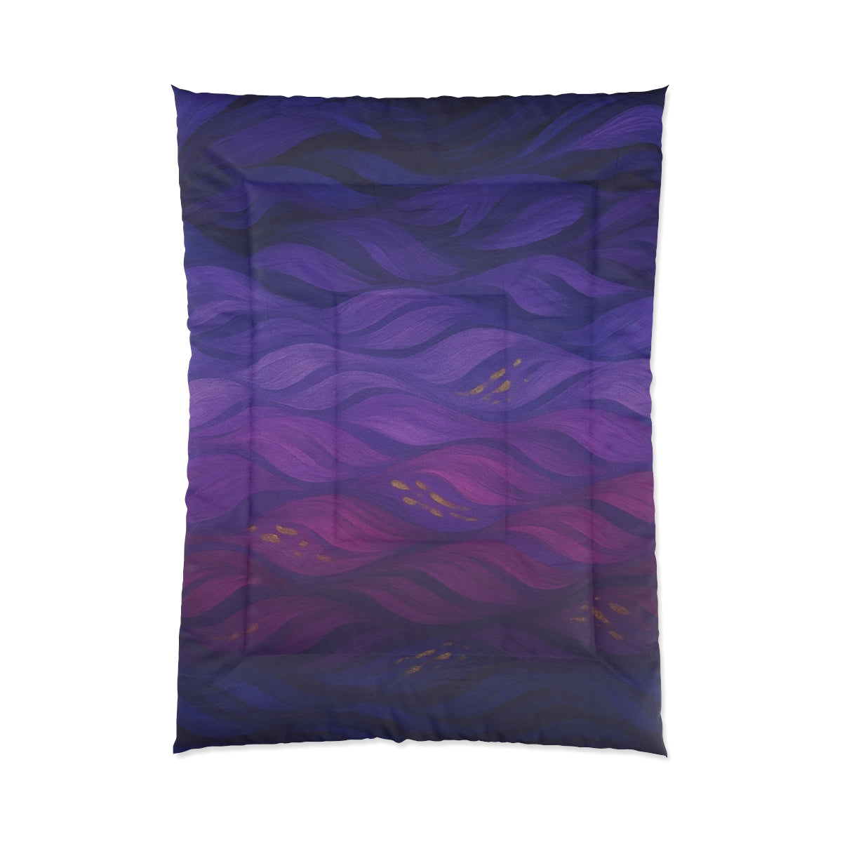  Full color comforter featuring violet, plum, and indigo wave textures with golden detailing. Size: 68" × 92"