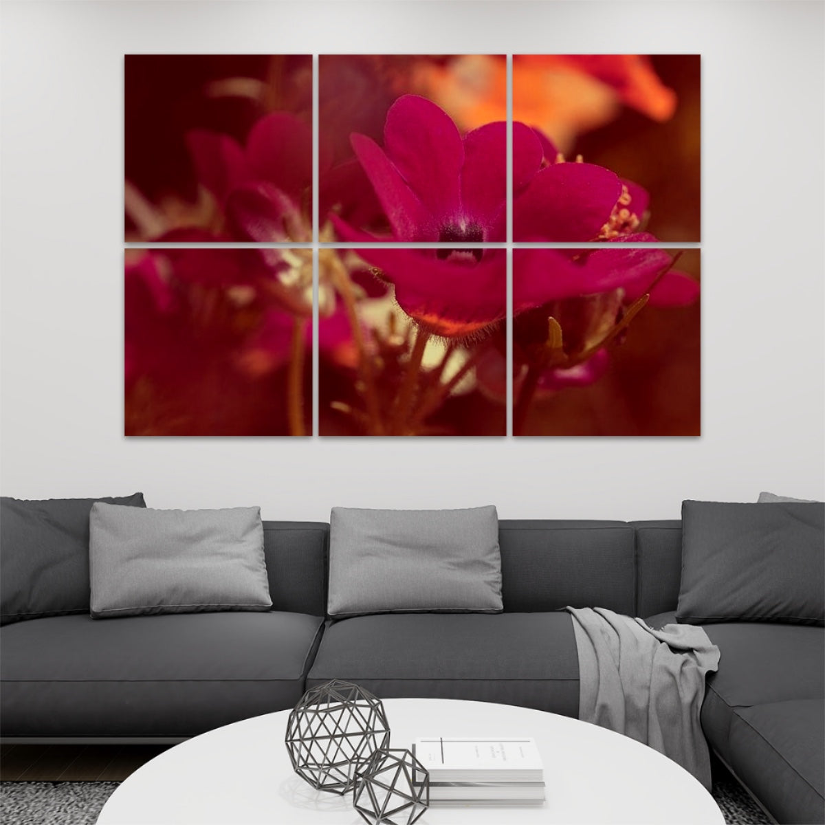 6 floral decorative sound absorbing wall panels featuring close up image of red flower, color: brownie