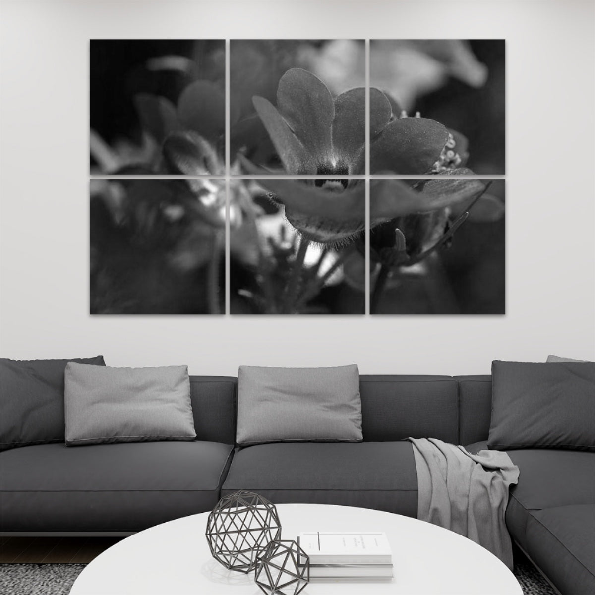 6 floral decorative sound absorbing wall panels featuring close up image of red flower, color: greyscale