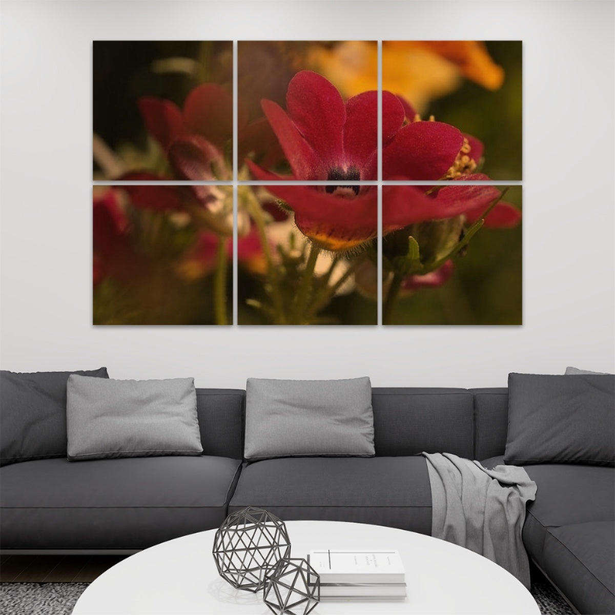6 floral decorative sound absorbing wall panels featuring close up image of red flower, color: Technicolor 