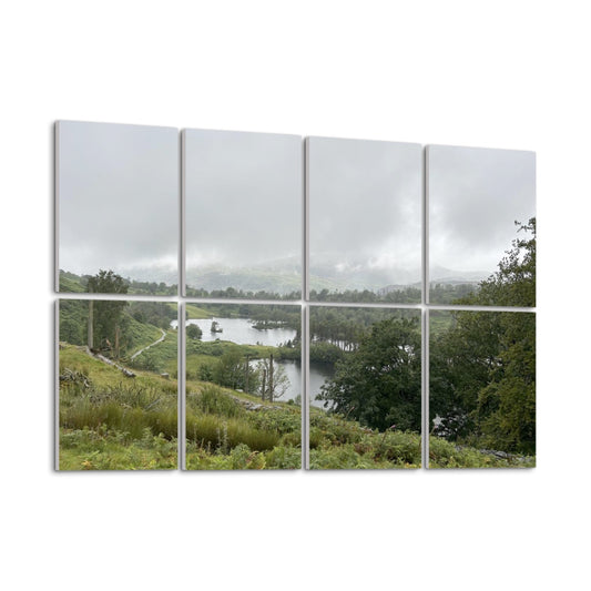 Lake District Landscape 8 Decorative Sound Absorbing Wall Panels with misty lake winding path and green hills on eight panels