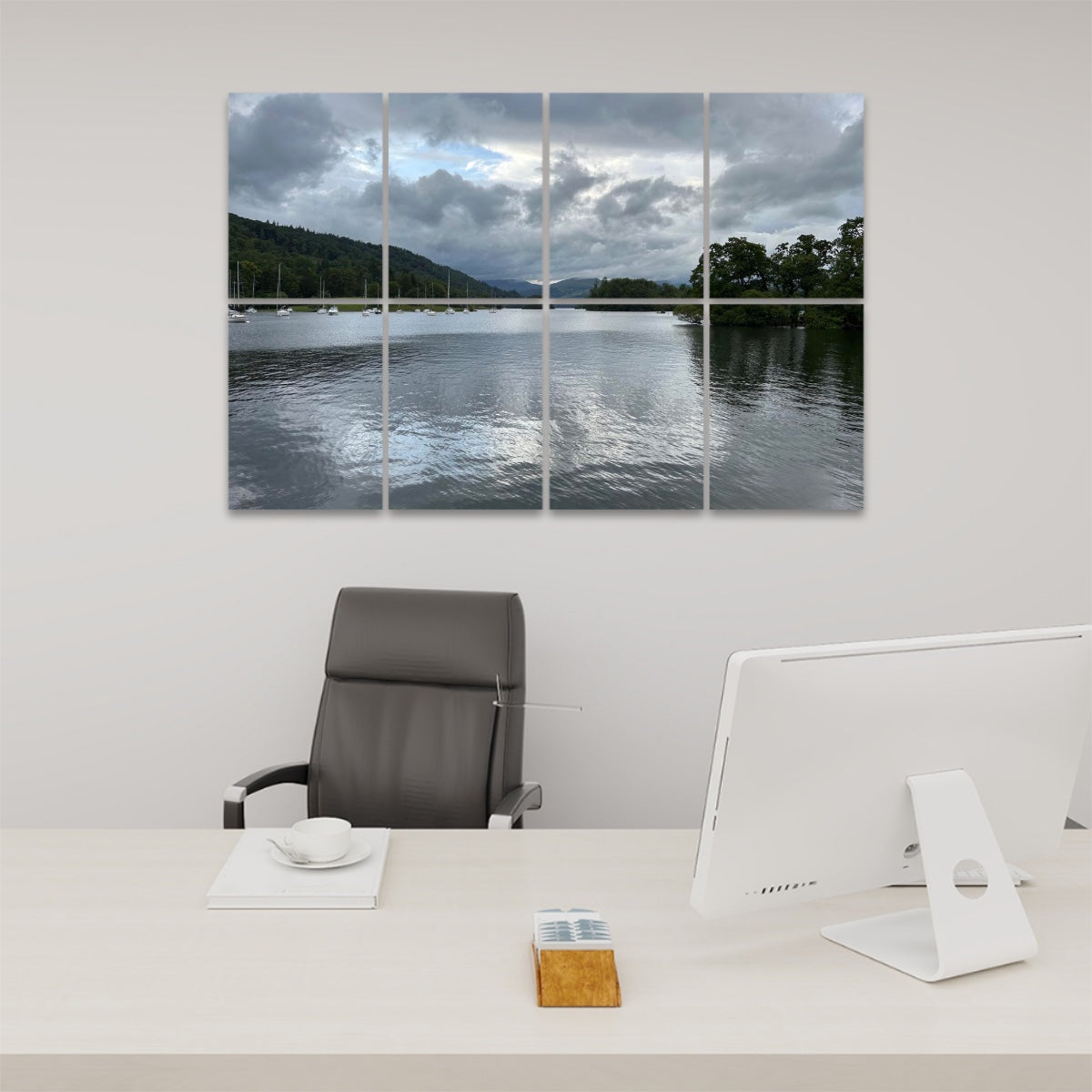 8 Decorative Sound Absorbing Wall Panels featuring Windermere Lake Landscape. Office wall art with calm reflective lake above desk