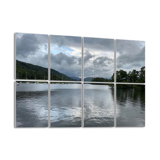 8 Decorative Sound Absorbing Wall Panels featuring Windermere Lake Landscape. Serene cloudy lake reflection with moored boats