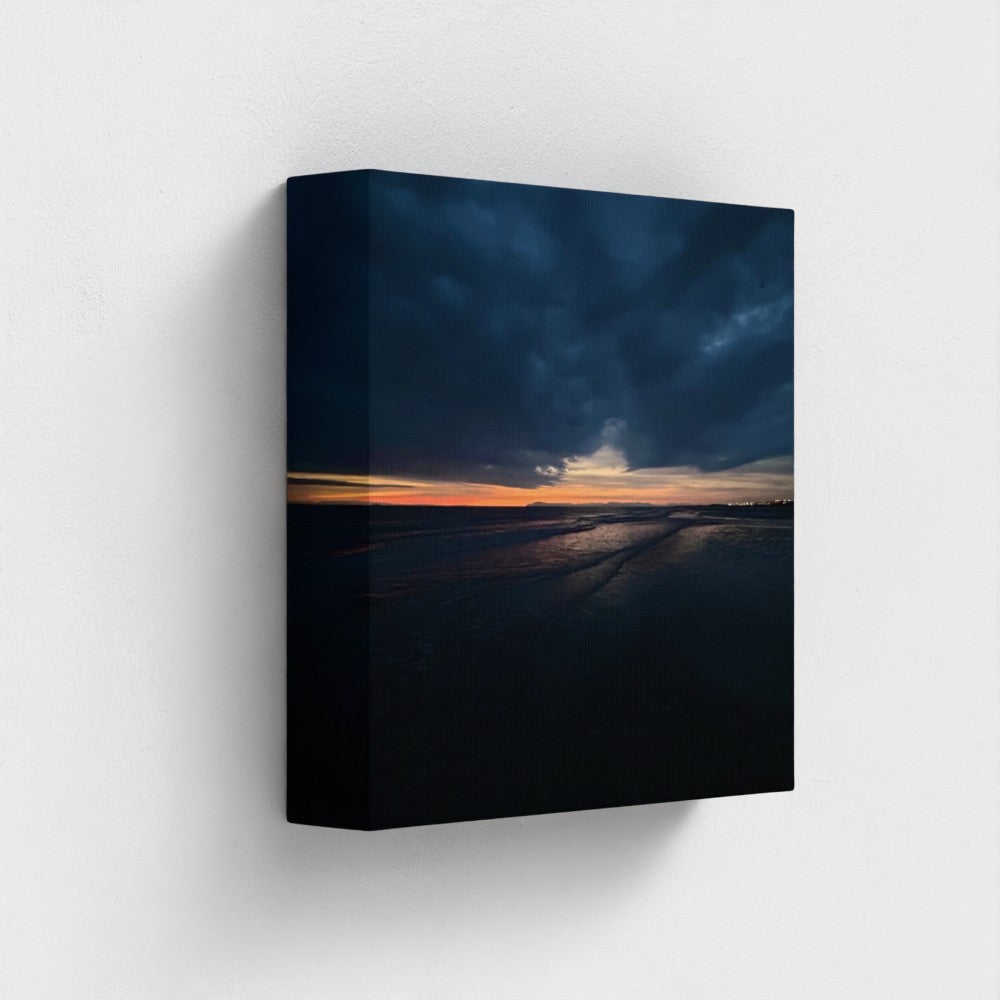 Eco Canvas Print Blackpool Sunset, warm peach and lavender sky over the Irish Sea with calm waves washing onto sandy shore
