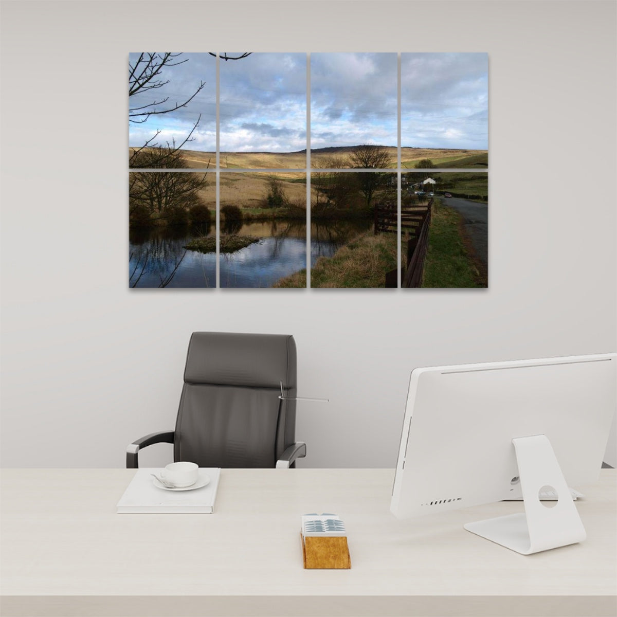 Front view of 8-panel acoustic wall art featuring a golden hillside reflected in a calm pond with winter trees and a moody British sky.