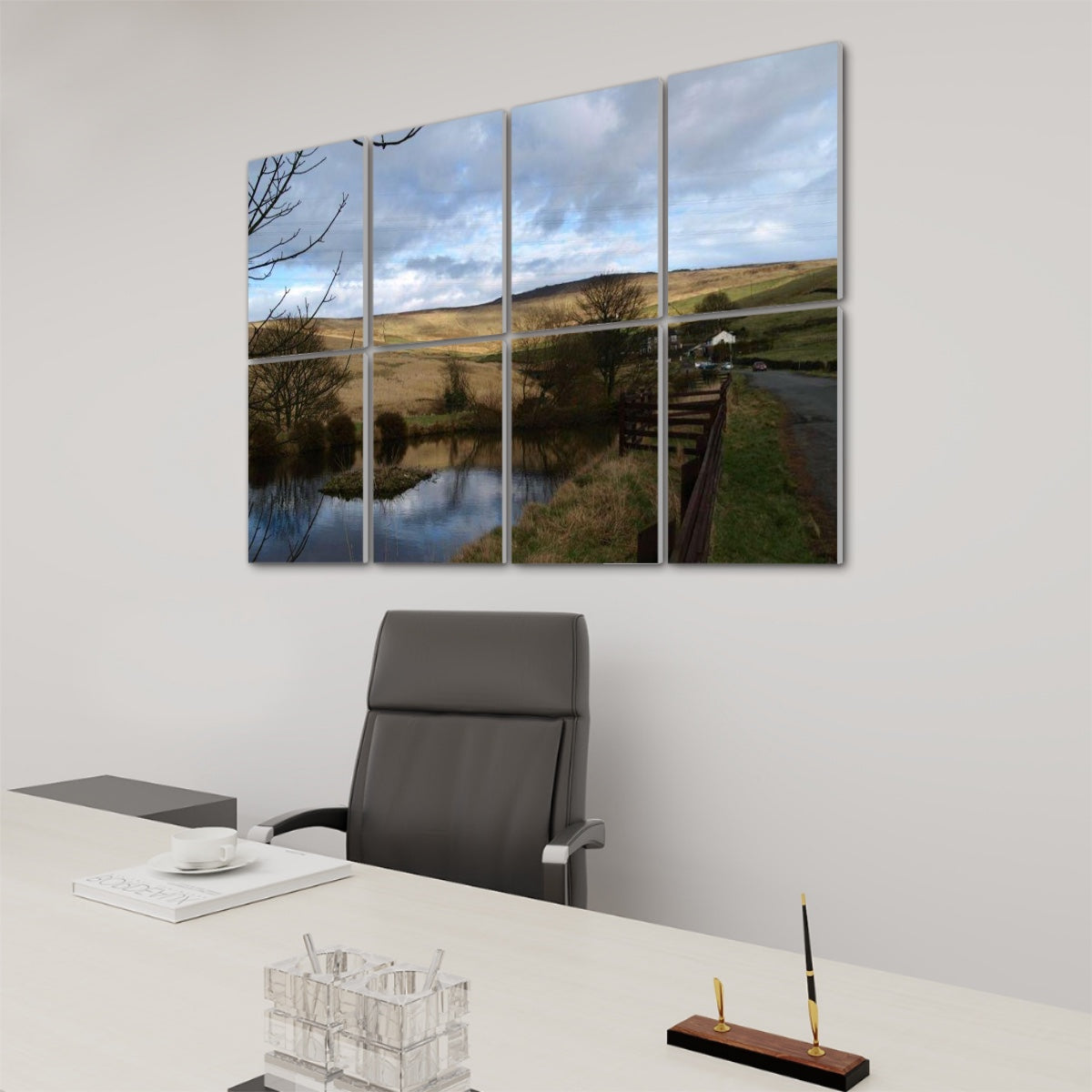 Right-angle view of British Countryside acoustic panels in full color, highlighting the golden grass and calm winter tones.