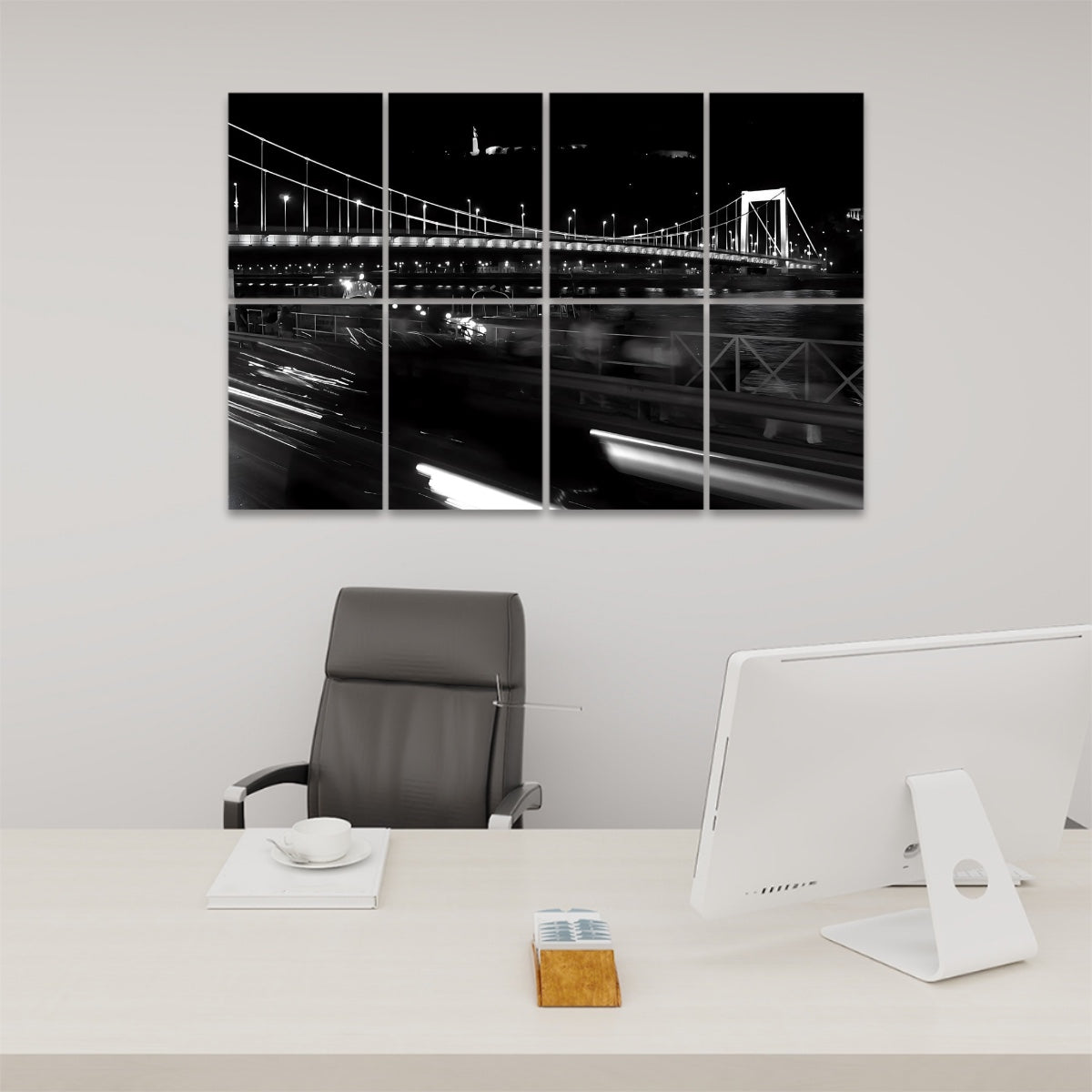 Front view of 8-panel acoustic wall art showing a Budapest bridge at night with light trails and illuminated buildings under a deep blue sky.
