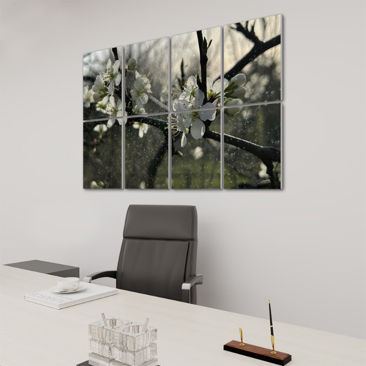 Right-side perspective of blooming spring branches and raindrops in midair on 8 decorative acoustic panels in full color.