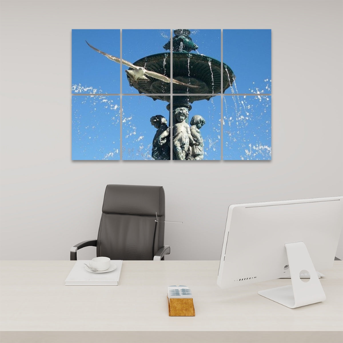 Full-color acoustic wall panels showing a Lisbon fountain with classical figures, a seagull mid-flight, and water splashing against a vivid blue sky.