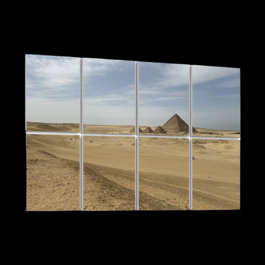  8-panel acoustic wall art showing the Pyramid of Menkaure in Egypt under a clear blue sky, with detailed desert tones.