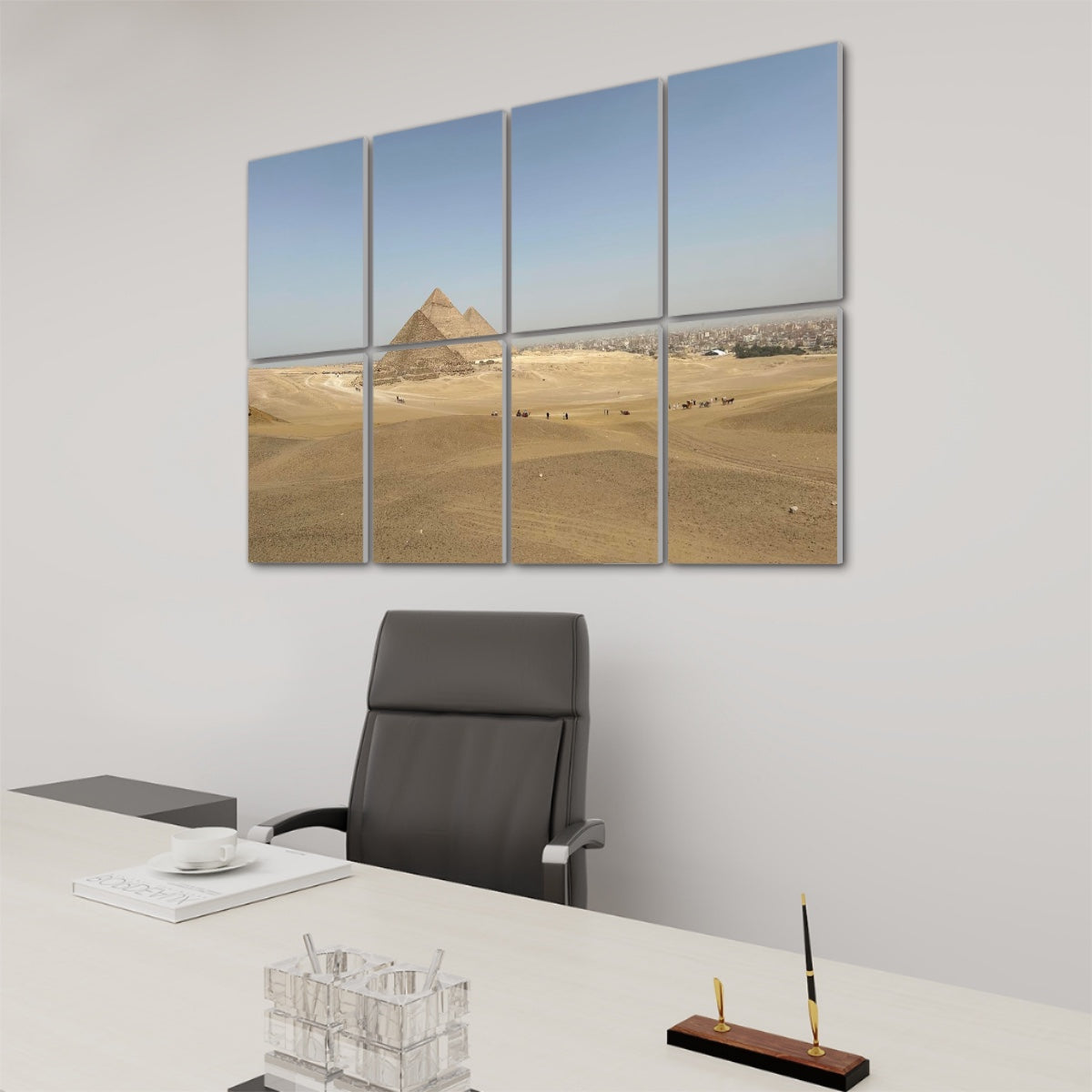 Right-angle view of Distant Pyramids acoustic panels in full color with warm lighting and expansive landscape depth.