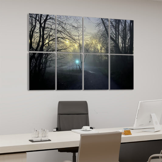 Angled left-side view of full-color foggy forest path with mist, silhouetted trees, and soft glowing light across 8 acoustic wall panels.