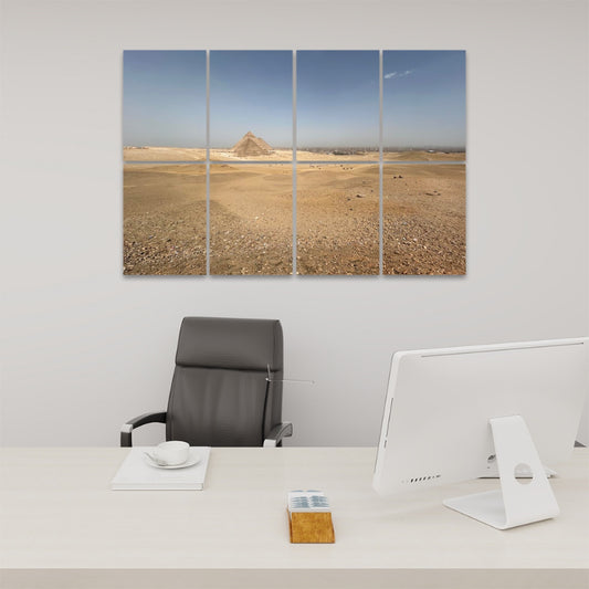 Front view of 8-panel acoustic wall art showing a distant desert view of the Pyramids of Giza under a soft blue sky.