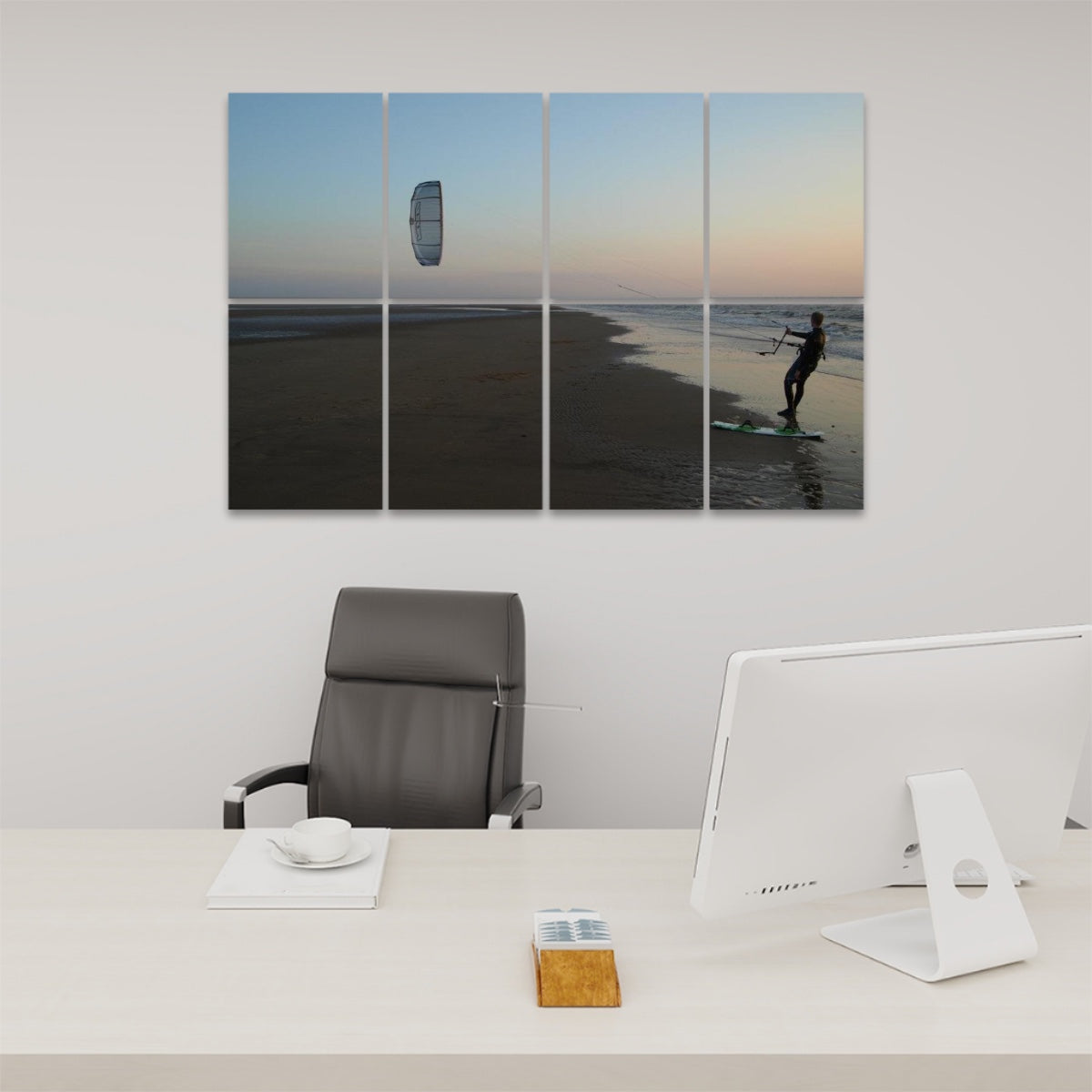 Kitesurfer on wet sand at sunset, holding lines with the kite above and the sky fading from blue to warm hues, spanning 8 decorative acoustic panels.