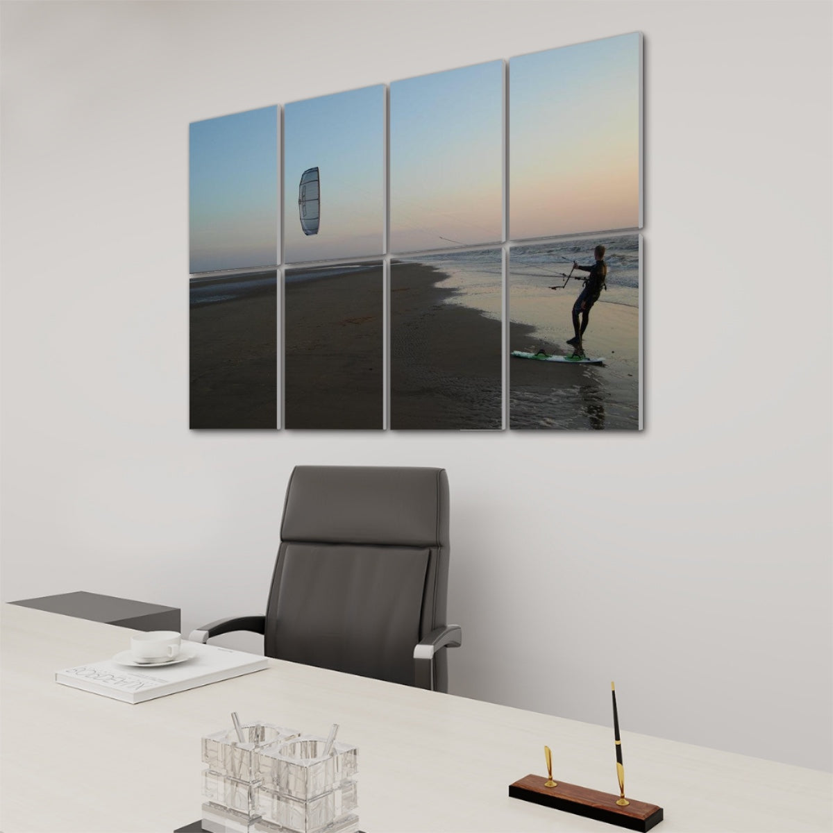right angle. Kitesurfer on wet sand at sunset, holding lines with the kite above and the sky fading from blue to warm hues, spanning 8 decorative acoustic panels.