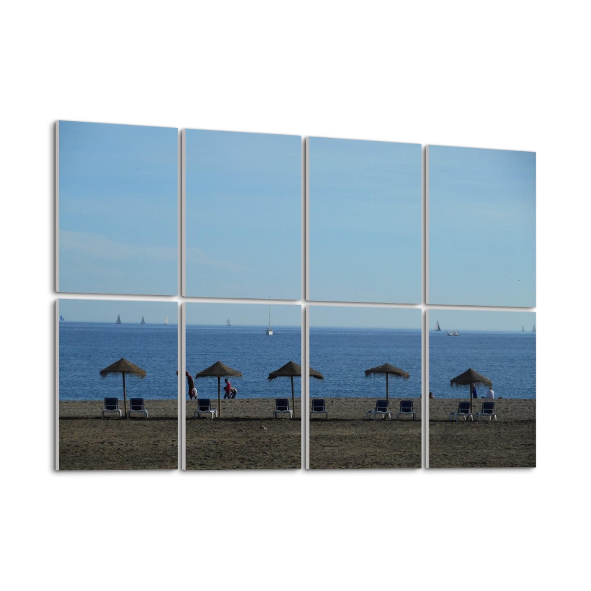 Angled left-side view of full-color acoustic wall panels featuring a peaceful coastal scene with straw umbrellas and lounge chairs facing the sea.