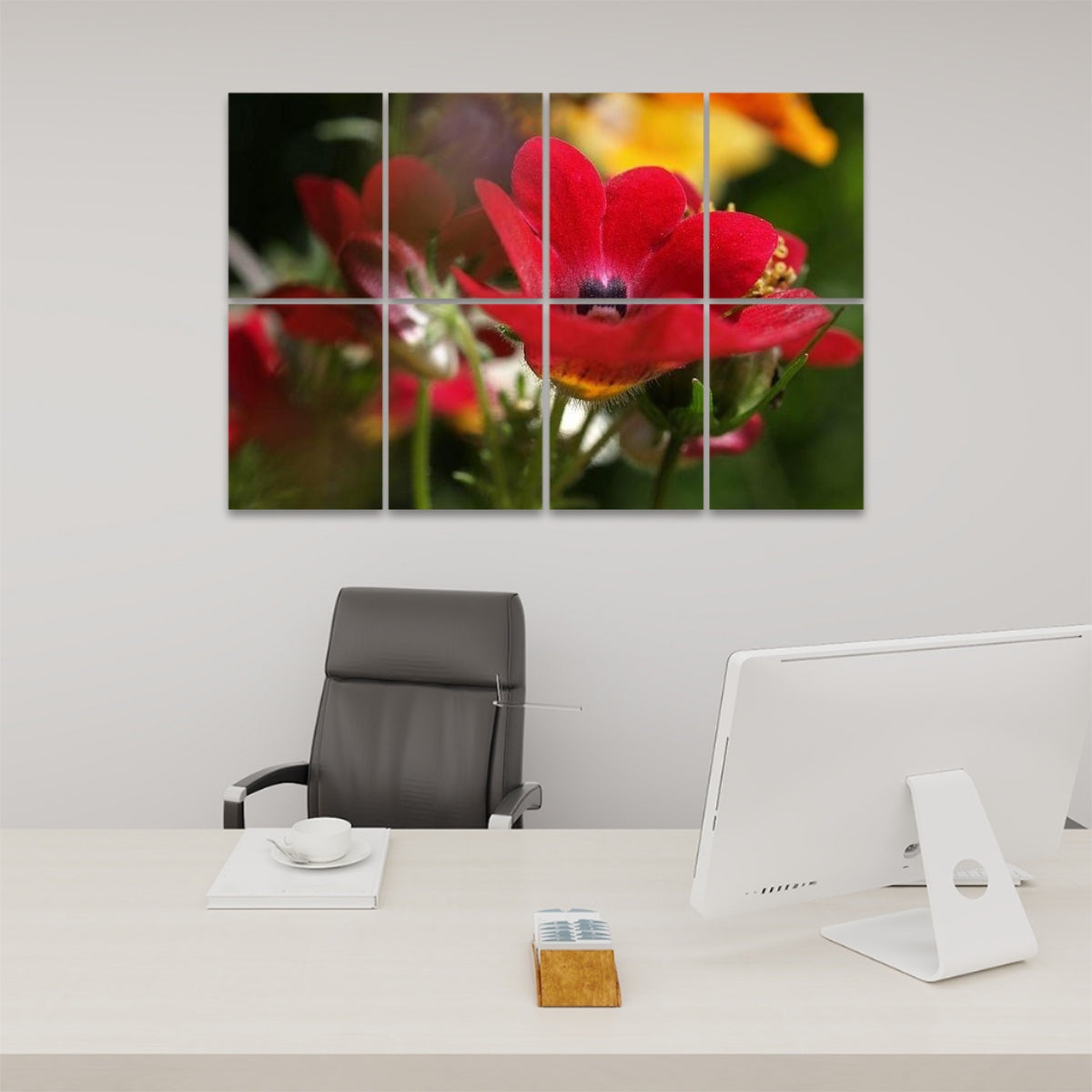 Front view of 8-panel acoustic wall art featuring vibrant red Nemesia flowers in full bloom with rich detail and natural background.