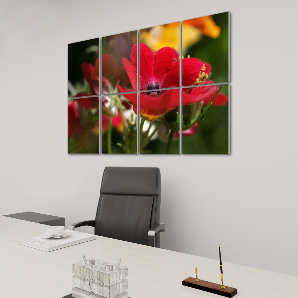 Right-angle view of Red Nemesia 8-panel wall art highlighting vivid red blossoms and shadow detail.