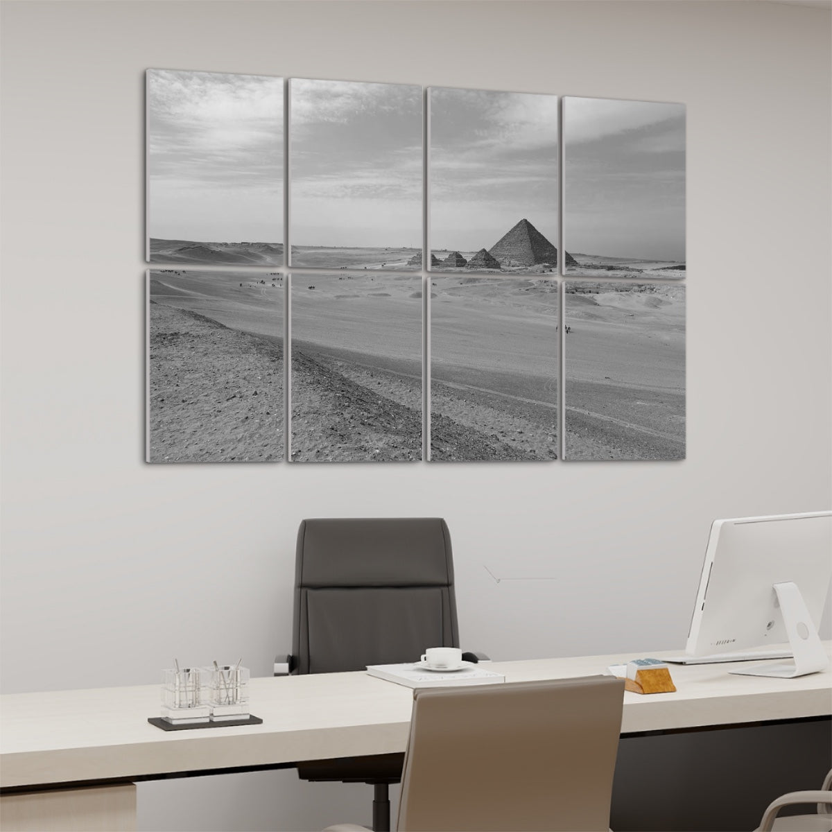 Left-angle view of greyscale Pyramid of Menkaure wall art, emphasizing shape and texture in monochrome.