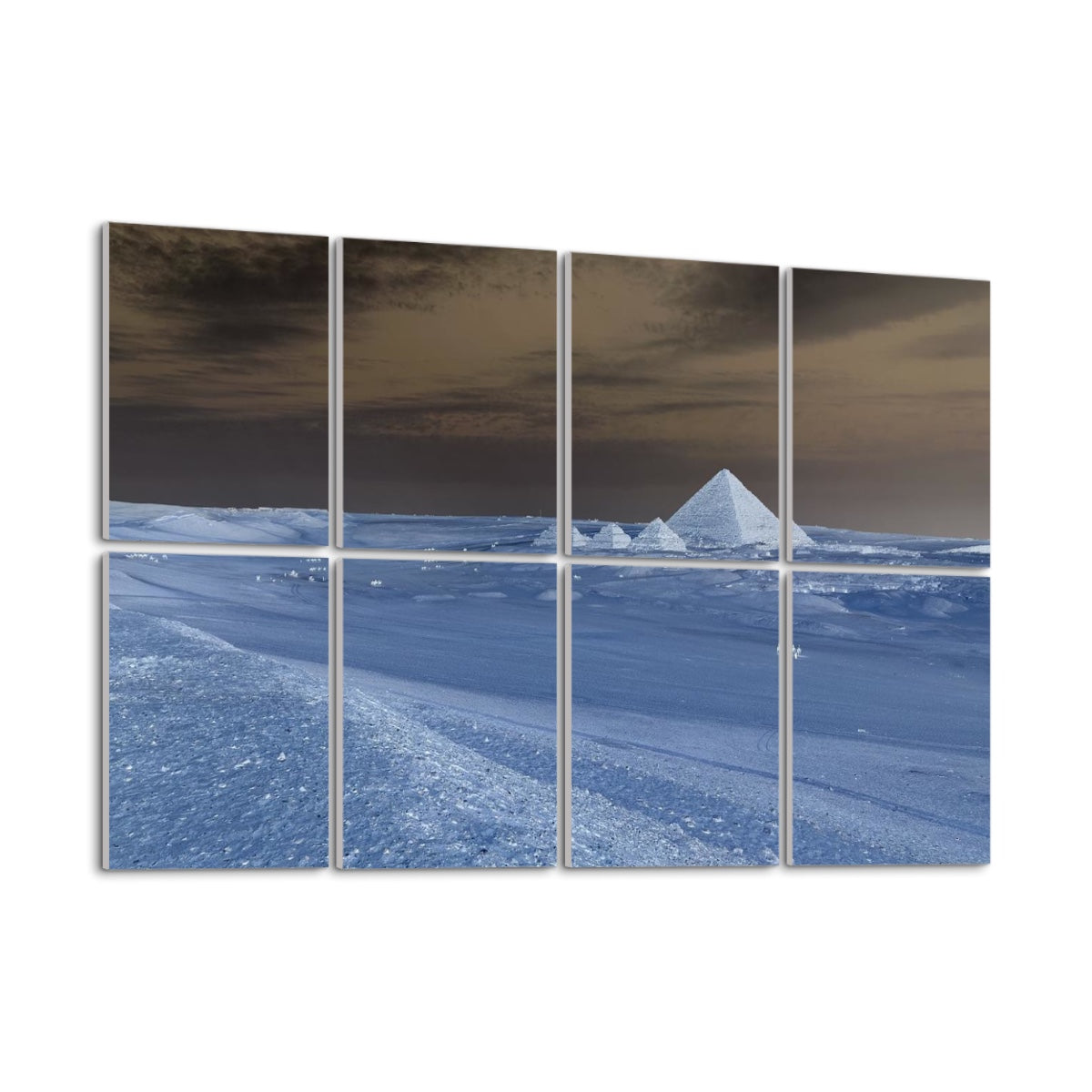 Left-angle view of inverted Pyramid of Menkaure acoustic wall panels with dramatic contrast and stylized lighting.