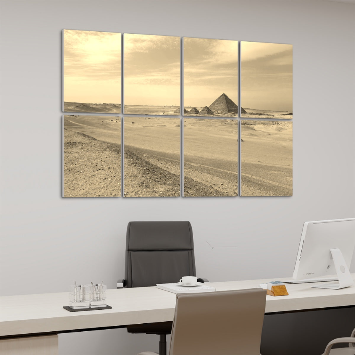 Left-angle view of sepia Pyramid of Menkaure wall art showing aged color tones and soft desert lighting.
