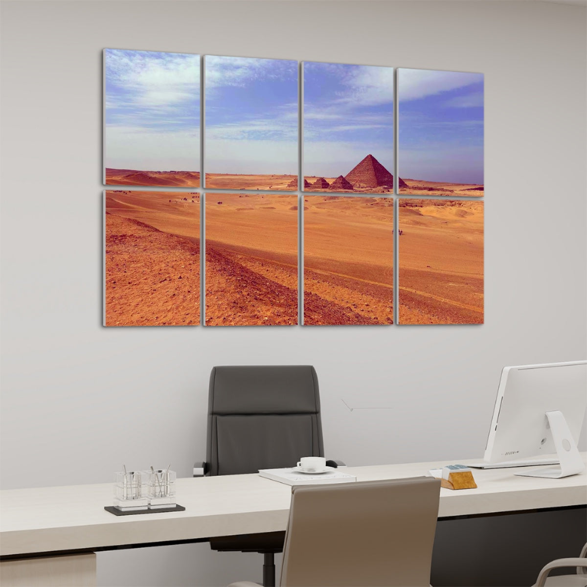 Left-angle view of technicolor Pyramid of Menkaure acoustic wall panels with dynamic color treatment and rich detail.