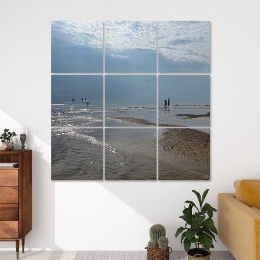 9 Decorative Sound Absorbing Wall Panels featuring Blackpool Beach Landscape. Mounted in living room with tide pools and sunlit sea