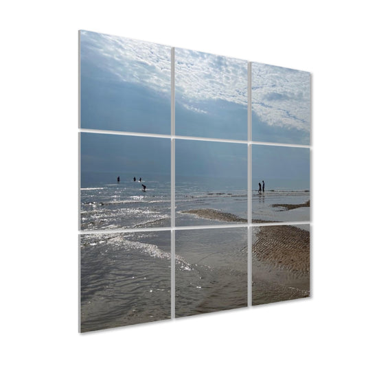 9 Decorative Sound Absorbing Wall Panels featuring Blackpool Beach Landscape. 3x3 shore scene with wet sand and distant people