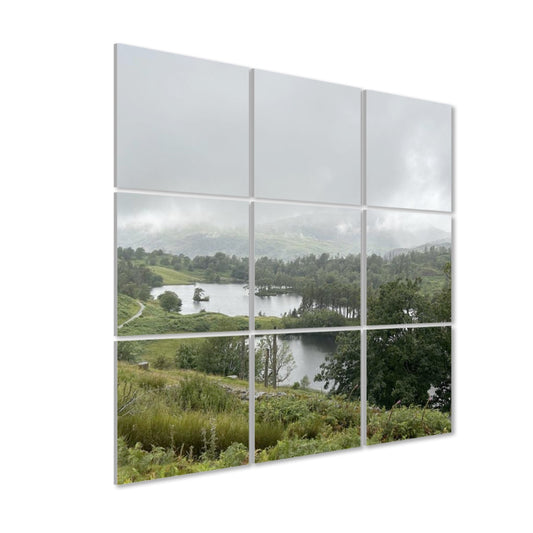 9 Decorative Sound Absorbing Wall Panels Featuring Tarn Hows Lake panoramic misty lake and hills modular acoustic wall art