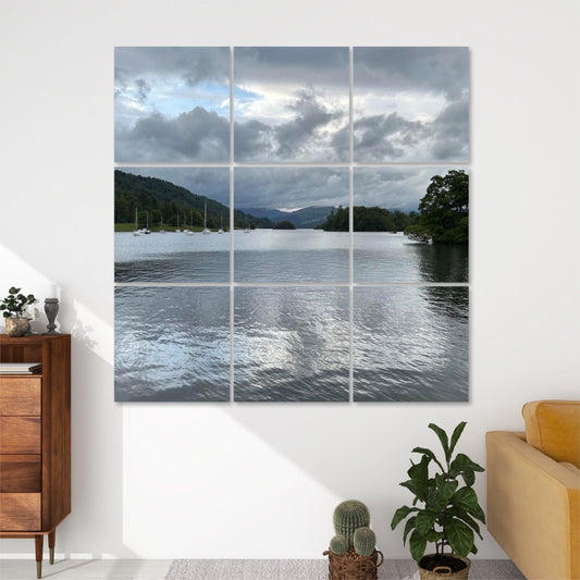 9 Decorative Sound Absorbing Wall Panels featuring Windermere Lake Landscape. Modern modular lake panorama in living room