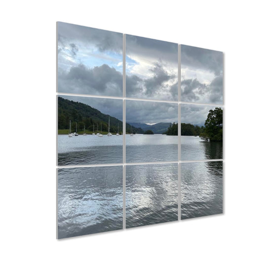 9 Decorative Sound Absorbing Wall Panels featuring Windermere Lake Landscape. 3x3 acoustic with boats and cloudy sky reflection