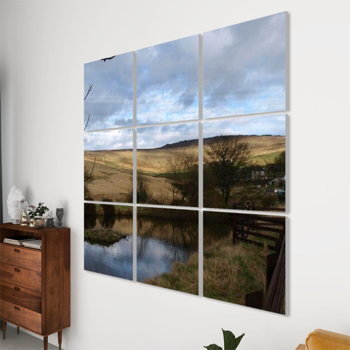 Right-side view of the 9-panel British Countryside acoustic wall art highlighting panel thickness and the contrast between grass and sky